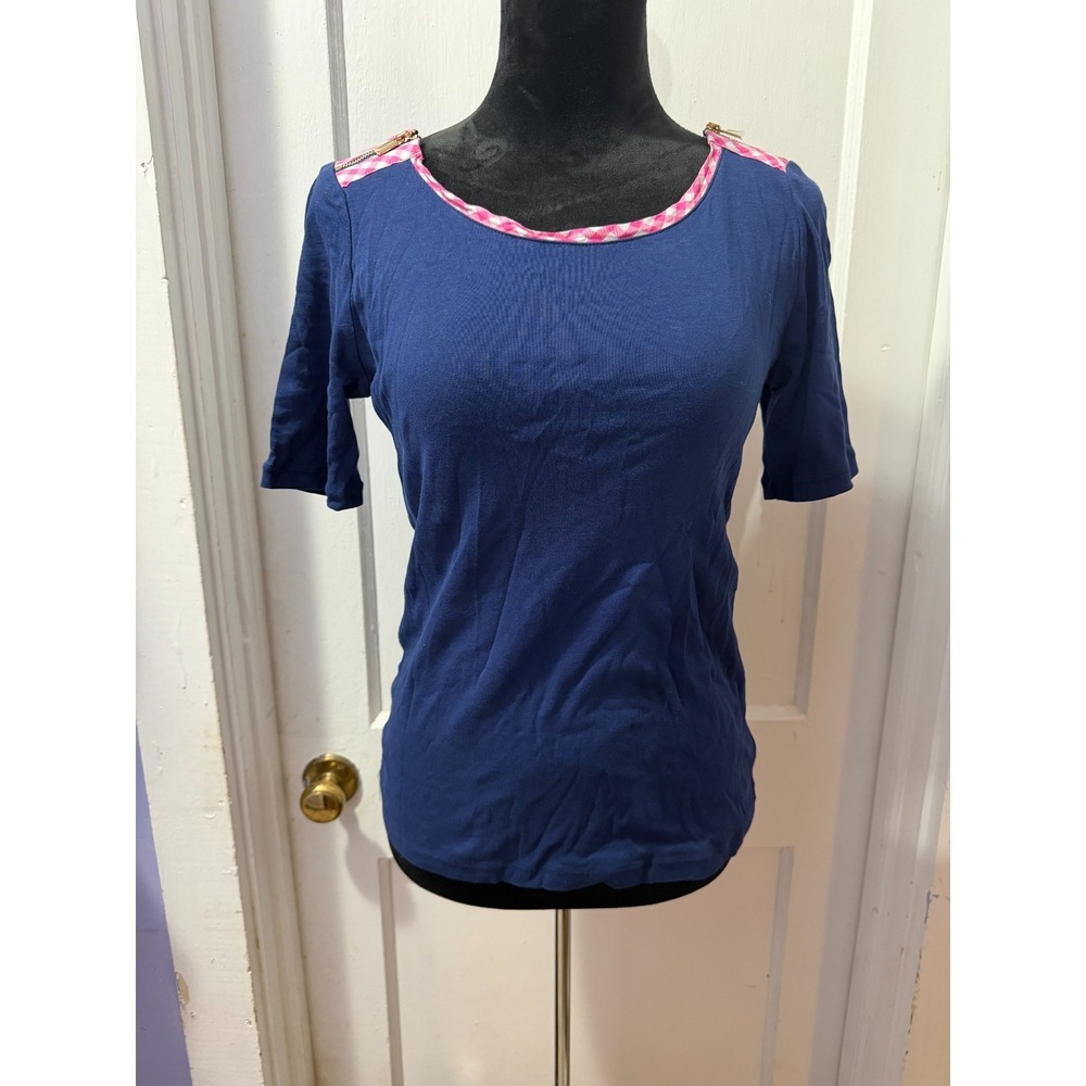 Jones New York Navy Short Sleeve Top with Pink Plaid Accent in S